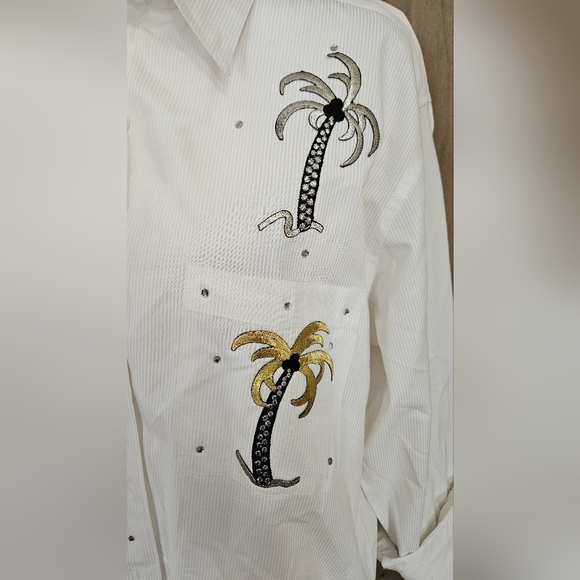 Vintage LAS OLAS Embroidered Button Down Shirt with Tropical Print White/gold. S - Picture 3 of 14